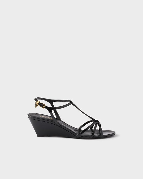 Prada Patent Leather T-Strap Wedge Sandals