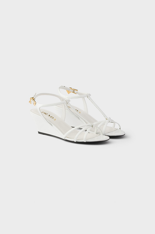 Prada Patent Leather T-Strap Wedge Sandals
