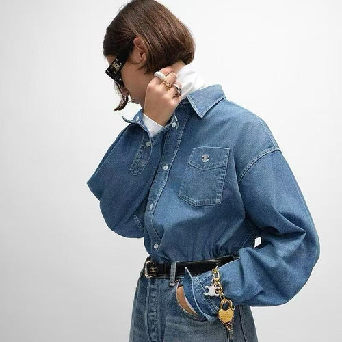 CELINE Embroidered Cropped Denim Shirt