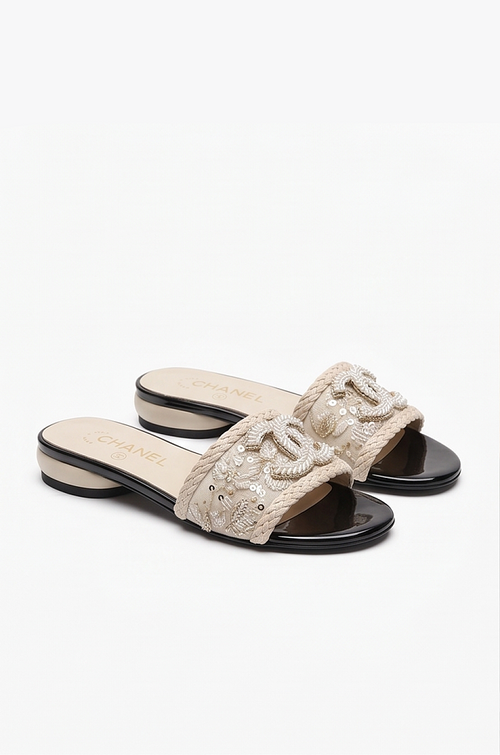Chanel Embroidered CC Sequin Slide Sandals – Ivory Noir