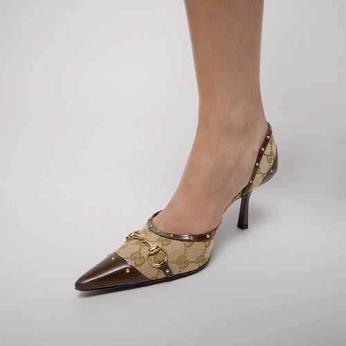 Gucci Horsebit GG Canvas D’Orsay Pumps – Beige Ebony