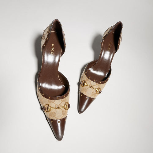 Gucci Horsebit GG Canvas D’Orsay Pumps – Beige Ebony