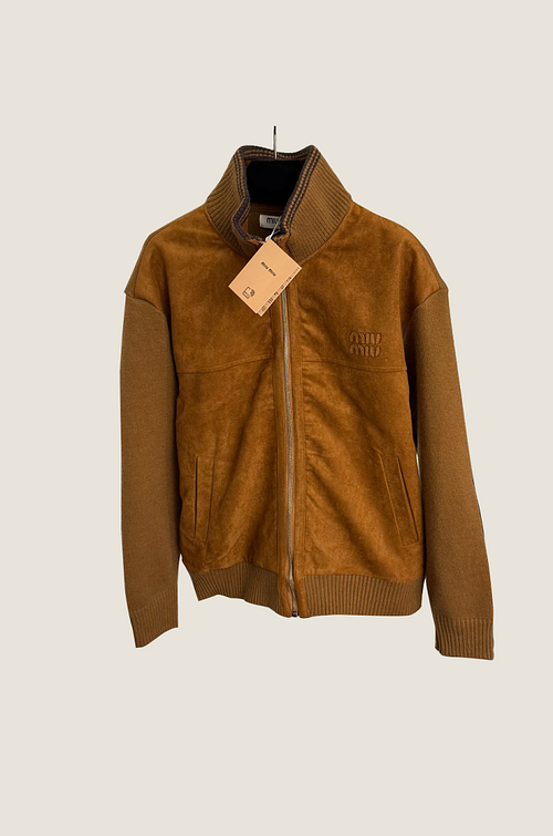 Miu Miu Camel Suede-Knit Bomber Jacket