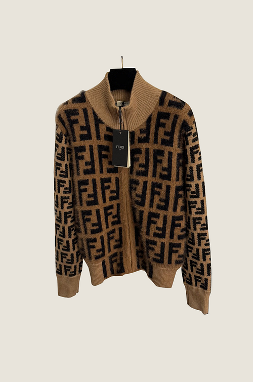 Fendi Monogram Camel Wool Zip Cardigan