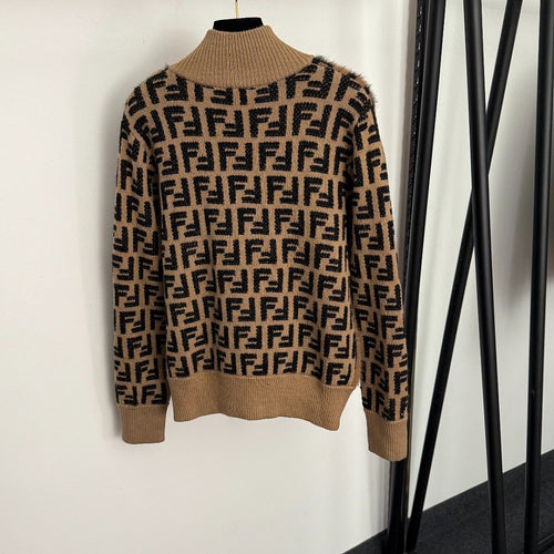 Fendi Monogram Camel Wool Zip Cardigan