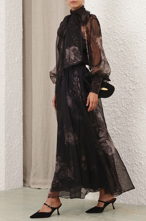 Zimmermann “Nocturne Bloom” Sheer Floral Organza Maxi Skirt – Sizes 0–3