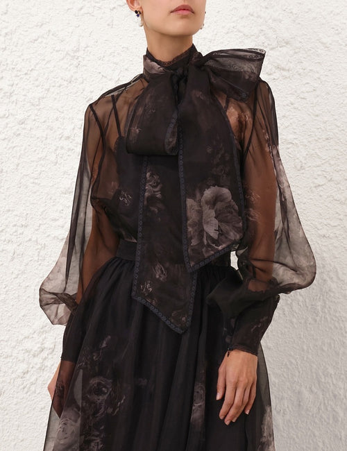 Zimmermann “Nocturne Bloom” Sheer Silk Bow Blouse – Sizes 0–3