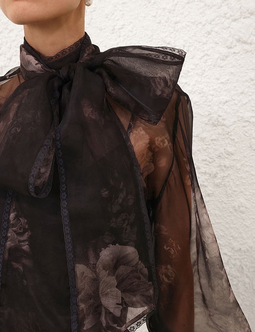 Zimmermann “Nocturne Bloom” Sheer Silk Bow Blouse – Sizes 0–3