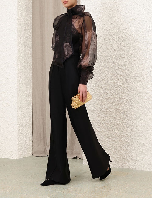 Zimmermann “Nocturne Bloom” Sheer Silk Bow Blouse – Sizes 0–3