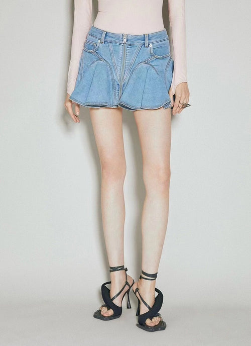 Mugler “Vortex Pleat” Sculpted Denim Mini Skirt