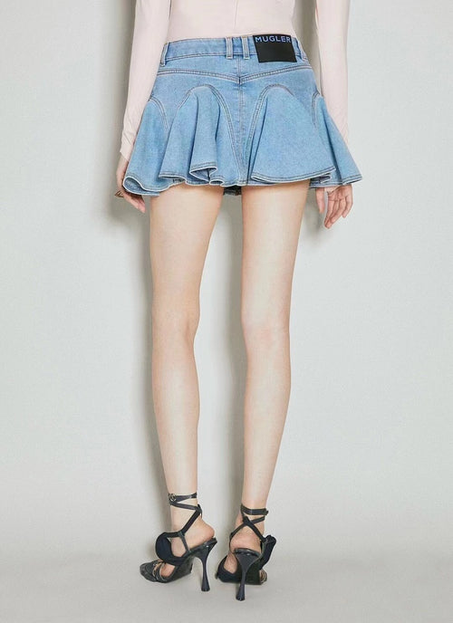Mugler “Vortex Pleat” Sculpted Denim Mini Skirt