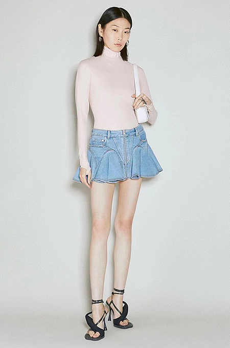 Mugler “Vortex Pleat” Sculpted Denim Mini Skirt