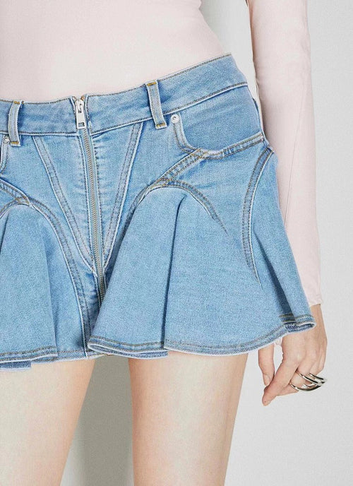 Mugler “Vortex Pleat” Sculpted Denim Mini Skirt