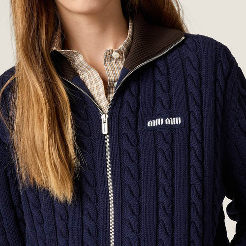 Miu Miu Navy Cable-Knit Zip Cardigan