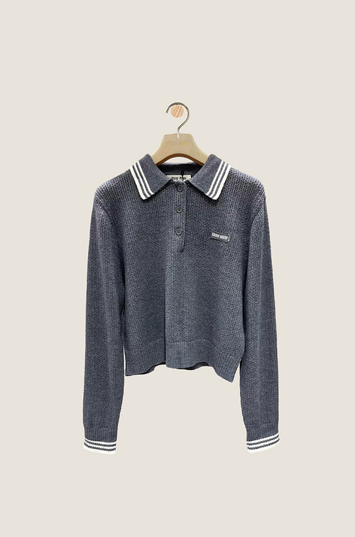 Miu Miu Grey Waffle-Knit Polo Sweater