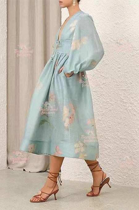 “Acqua Fiorita” Silk Organza Tie-Front Midi Dress by Zimmermann
