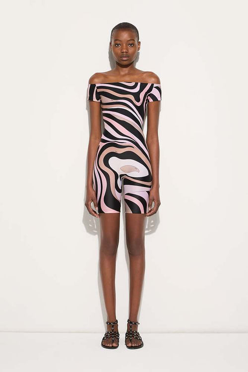 “Rosa Vortex” Off-Shoulder Romper by Emilio Pucci