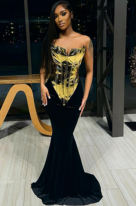 “Aurum Noire” Metallic Corset Velvet Gown