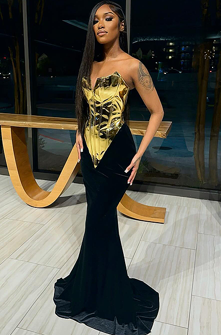 “Aurum Noire” Metallic Corset Velvet Gown
