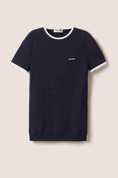 Miu Miu “Marinette” Navy Contrast-Trim Knit Tee