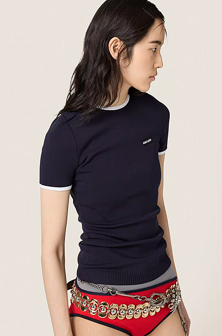 Miu Miu “Marinette” Navy Contrast-Trim Knit Tee