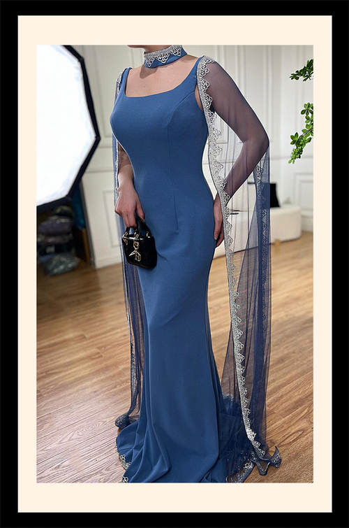 Azure Éclat” Lace-Trimmed Gown