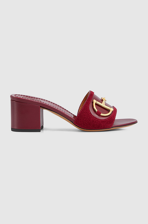 Gucci Horsebit Block-Heel Mules in Bordeaux Suede & Leather