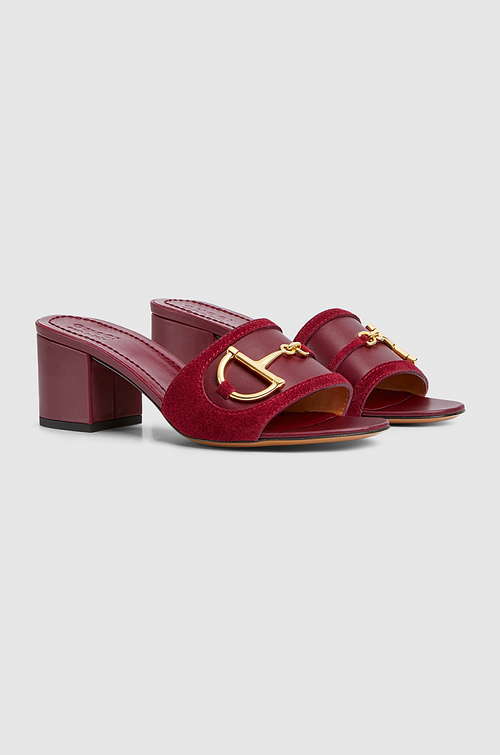 Gucci Horsebit Block-Heel Mules in Bordeaux Suede & Leather
