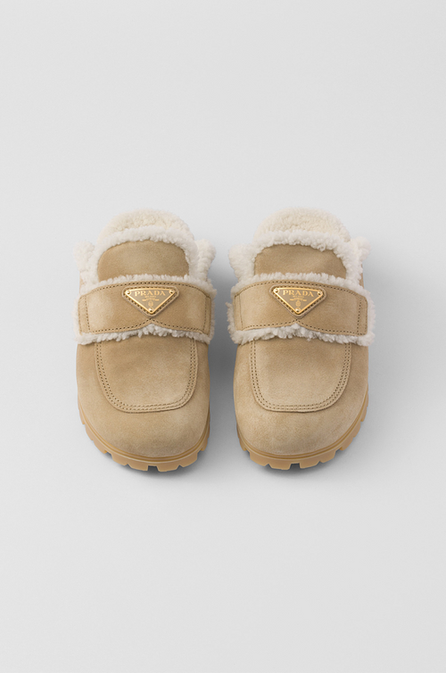 Prada Shearling-Lined Suede Mules – Camel Beige