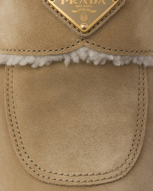 Prada Shearling-Lined Suede Mules – Camel Beige