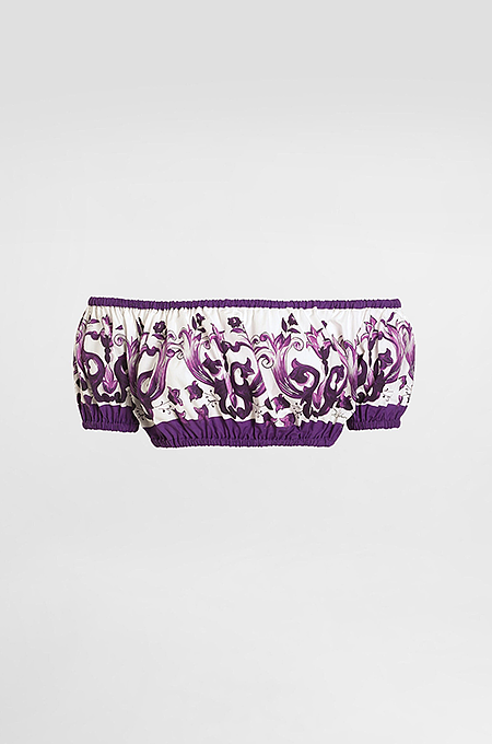 “Viola Fioritura” Majolica-Print Off-Shoulder Poplin Top