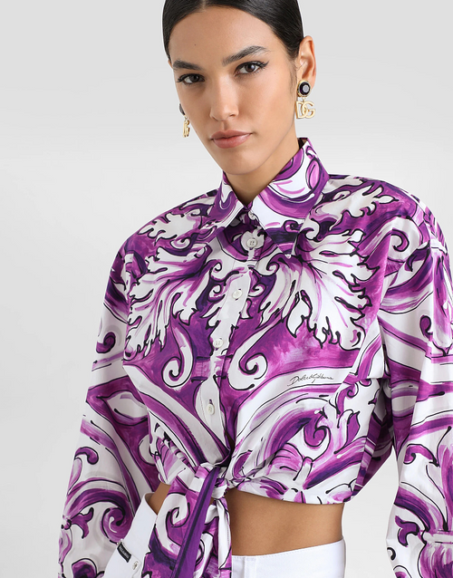 Dolce & Gabbana “Viola Reale” Majolica Poplin Tie-Front Shirt