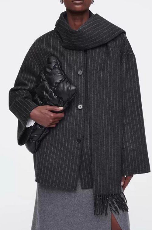 Noir Pinstripe Cocoon Jacket with Integrated Scarf