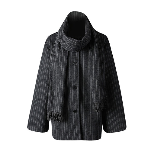 Noir Pinstripe Cocoon Jacket with Integrated Scarf