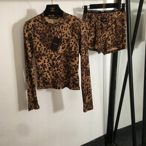 Dolce & Gabbana x Skims Leopard-Print Mesh Long-Sleeve Top & Boyshorts Set