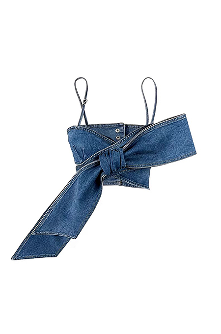 “Étoile Denim” Draped Bow Bustier & Wide-Leg Jean Ensemble