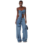 “Étoile Denim” Draped Bow Bustier & Wide-Leg Jean Ensemble