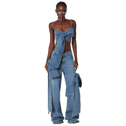 “Étoile Denim” Draped Bow Bustier & Wide-Leg Jean Ensemble