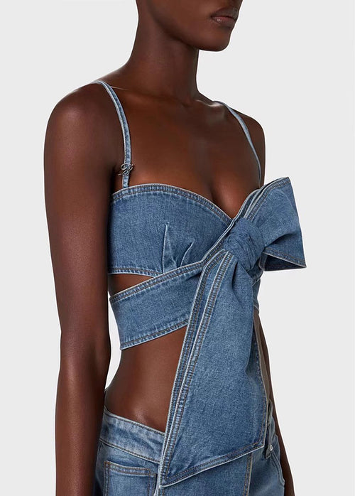 “Étoile Denim” Draped Bow Bustier & Wide-Leg Jean Ensemble