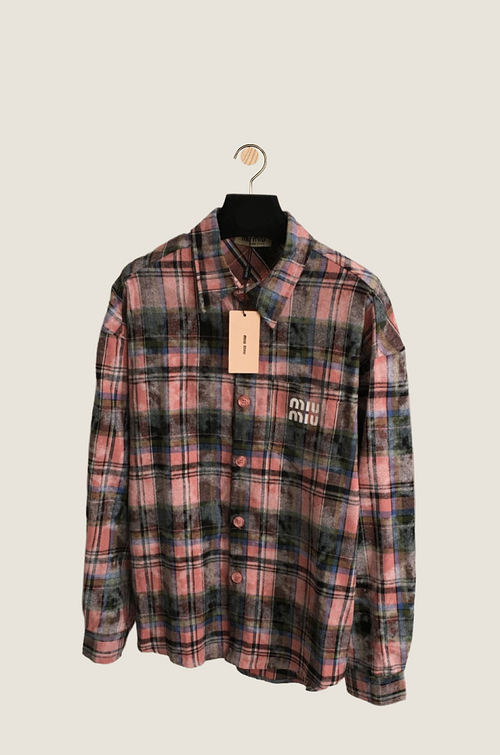 Miu Miu “Luna Rosa” Distressed Plaid Button-Up Shirt