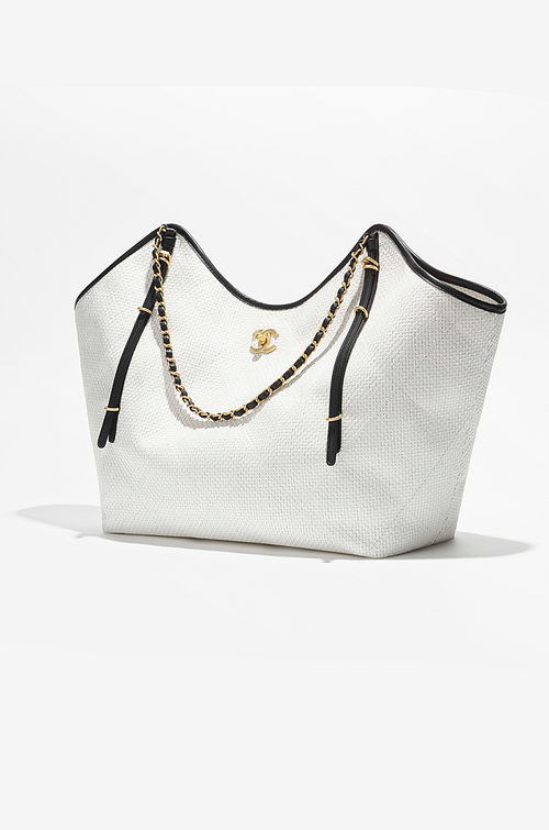 Chanel Blanc Riviera Woven Tote with Black Trim & Gold Chain – Limited Resort Edition