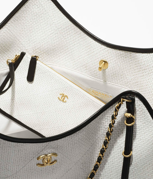Chanel Blanc Riviera Woven Tote with Black Trim & Gold Chain – Limited Resort Edition