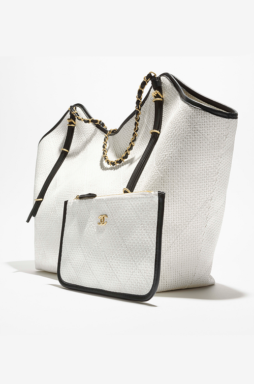 Chanel Blanc Riviera Woven Tote with Black Trim & Gold Chain – Limited Resort Edition