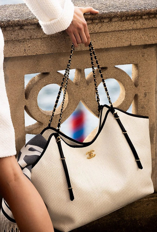 Chanel Blanc Riviera Woven Tote with Black Trim & Gold Chain – Limited Resort Edition