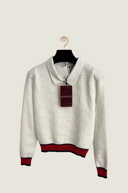 Gucci “Bianco Iconico” GG Knit Polo Sweater