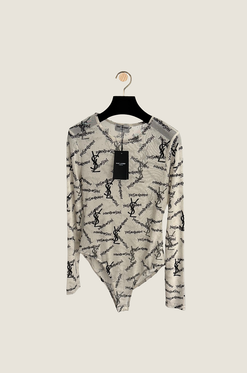 Saint Laurent “Nuit Étoilée” Crystal-Studded Monogram Mesh Bodysuit – Noir Couture