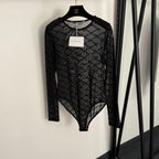Saint Laurent “Écriture Parisienne” Sheer Monogram Mesh Bodysuit – Blanc Signature