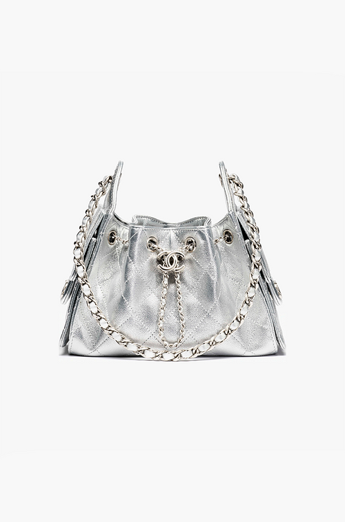 CHANEL 25 “Argent Matelassé” Metallic Calfskin Drawstring Mini Bag