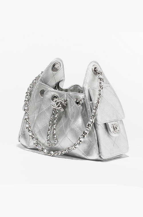 CHANEL 25 “Argent Matelassé” Metallic Calfskin Drawstring Mini Bag