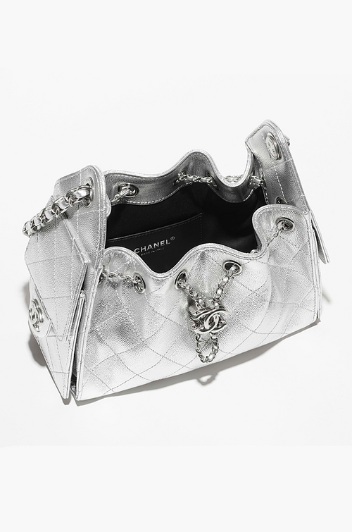 CHANEL 25 “Argent Matelassé” Metallic Calfskin Drawstring Mini Bag